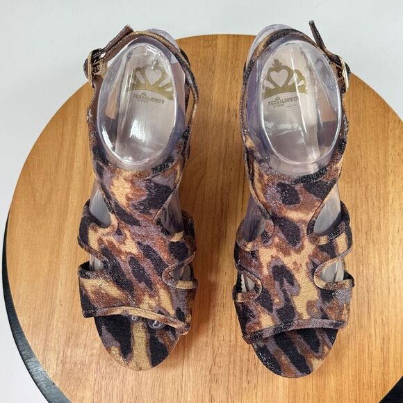 Fergalicious Kenzie Animal Print Boho Cutout Peep Toe Wedge Sandals Brown 8.5 - Picture 6 of 14